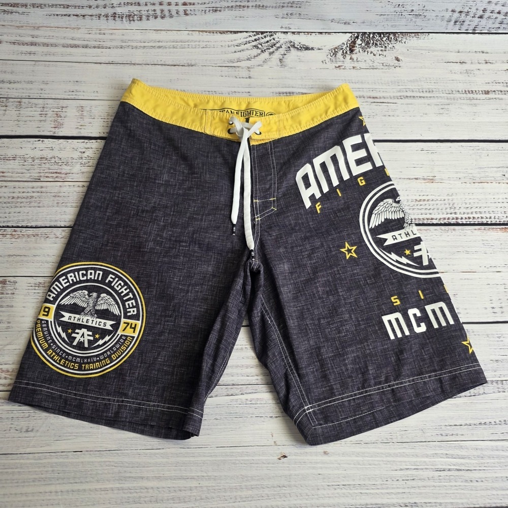 American Fighter Board Shorts Mens‎ 32 Dark Gray Yellow Beach Surf Swim Trunks